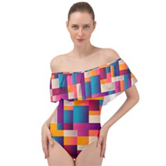 Abstract Geometry Blocks Off Shoulder Velour Bodysuit 