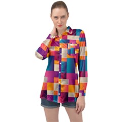 Abstract Geometry Blocks Long Sleeve Satin Shirt