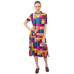 Abstract Geometry Blocks Keyhole Neckline Chiffon Dress