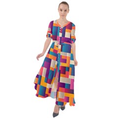 Abstract Geometry Blocks Waist Tie Boho Maxi Dress