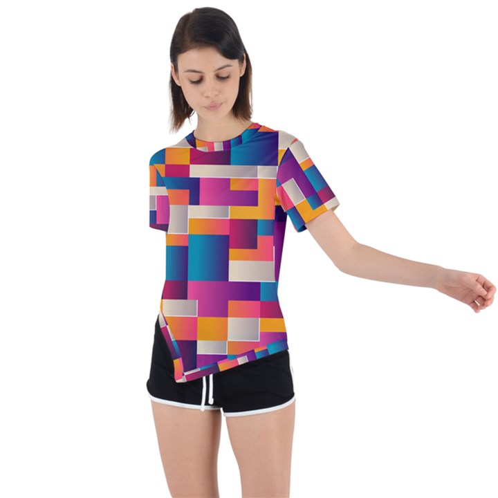 Abstract Geometry Blocks Asymmetrical Short Sleeve Sports T-Shirt