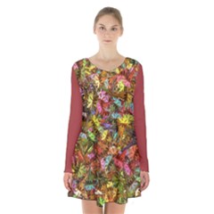 Vivid Cactus Charm Design Pattern Long Sleeve Velvet V-neck Dress