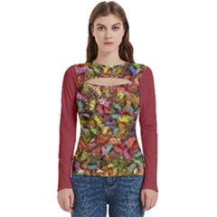 Vivid Cactus Charm Design Pattern Women s Cut Out Long Sleeve T-shirt