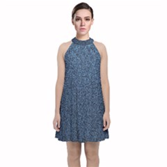 Blue Denim Fabric Velvet Halter Neckline Dress 