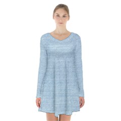 Blue Denim Texture, Macro Long Sleeve Velvet V-neck Dress