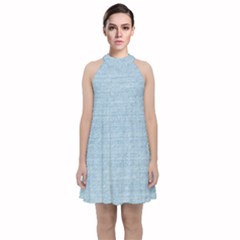 Blue Denim Texture, Macro Velvet Halter Neckline Dress 