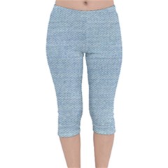 Blue Denim Texture, Macro Velvet Capri Leggings  by kyorashop23