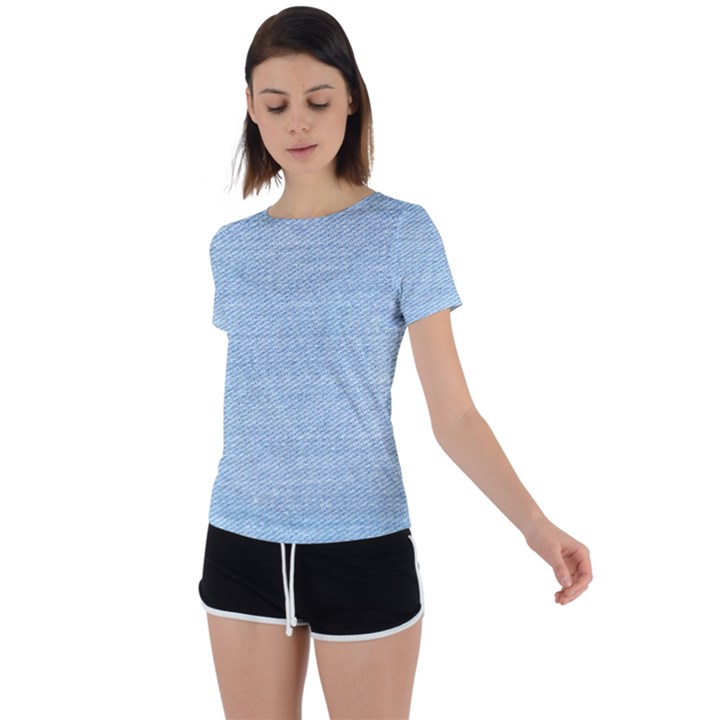 Blue Denim Texture, Macro Back Circle Cutout Sports T-Shirt