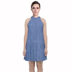 Blue Denim Velvet Halter Neckline Dress 