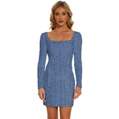 Blue Denim Long Sleeve Square Neck Bodycon Velvet Dress by kyorashop23