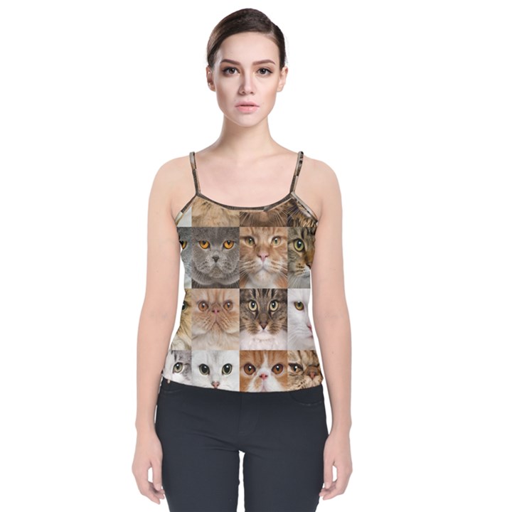 Breeds Of Cats Collage Velvet Spaghetti Strap Top