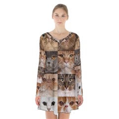 Breeds Of Cats Collage Long Sleeve Velvet V-neck Dress