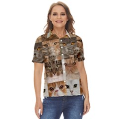 Breeds Of Cats Collage Women s Short Sleeve Double Pocket Shirt