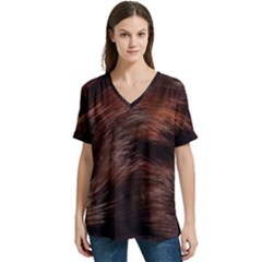 Brown Wool Texture V-neck Split Shoulder Casual T-shirt