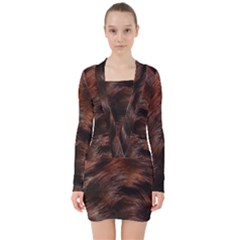 Brown Wool Texture V-neck Bodycon Long Sleeve Dress by kyorashop23