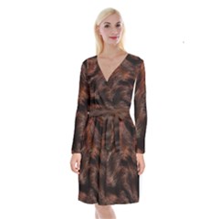 Brown Wool Texture Long Sleeve Velvet Front Wrap Dress by kyorashop23