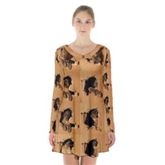 Carton, Brown Long Sleeve Velvet V-neck Dress