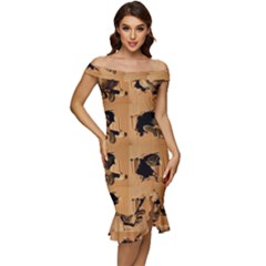 Carton, Brown Off Shoulder Ruffle Split Hem Bodycon Dress by kyorashop23