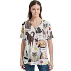 Cats, All, Collage, Cat V-neck Split Shoulder Casual T-shirt by kyorashop23