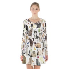 Cats, All, Collage, Cat Long Sleeve Velvet V-neck Dress