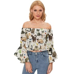 Cats, All, Collage, Cat Off Shoulder Flutter Bell Sleeve Top