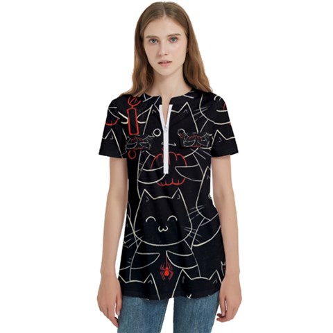 Catty Women s Zip Front V-neck Short Sleeve Casual Top Pocket Shirt by kyorashop23