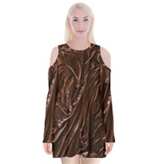 Chocolate Texture, Dark Chocolate Background Velvet Long Sleeve Shoulder Cutout Dress