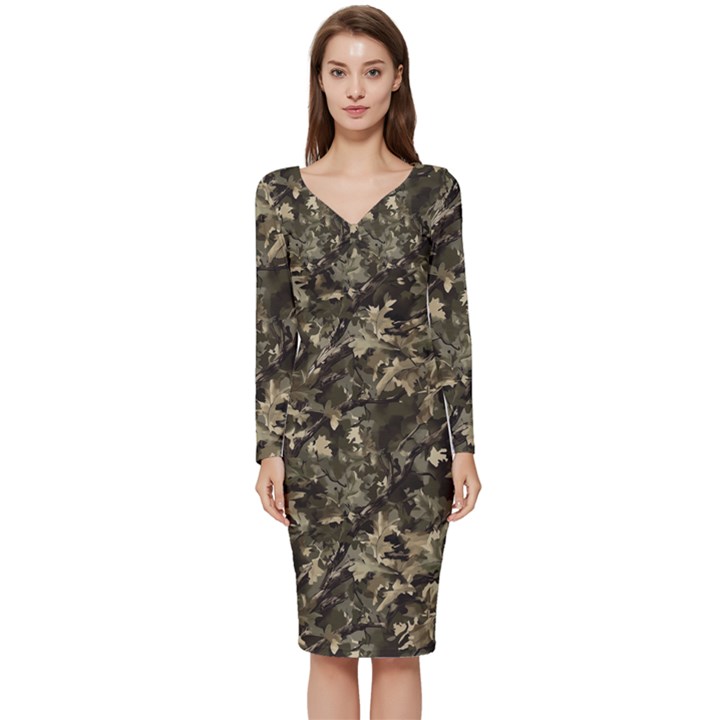 Camouflage Army Survival Uniform Long Sleeve V-Neck Bodycon Dress 