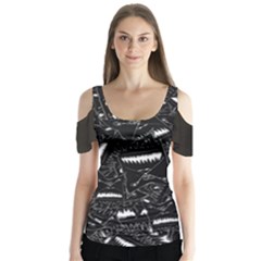 Cryptic Creature Pattern  Butterfly Sleeve Cutout T-shirt 