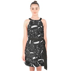 Cryptic Creature Pattern  Halter Collar Waist Tie Chiffon Dress by dflcprintsclothing