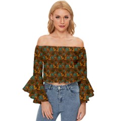 Blue Bloom Bouquet Off Shoulder Flutter Bell Sleeve Top