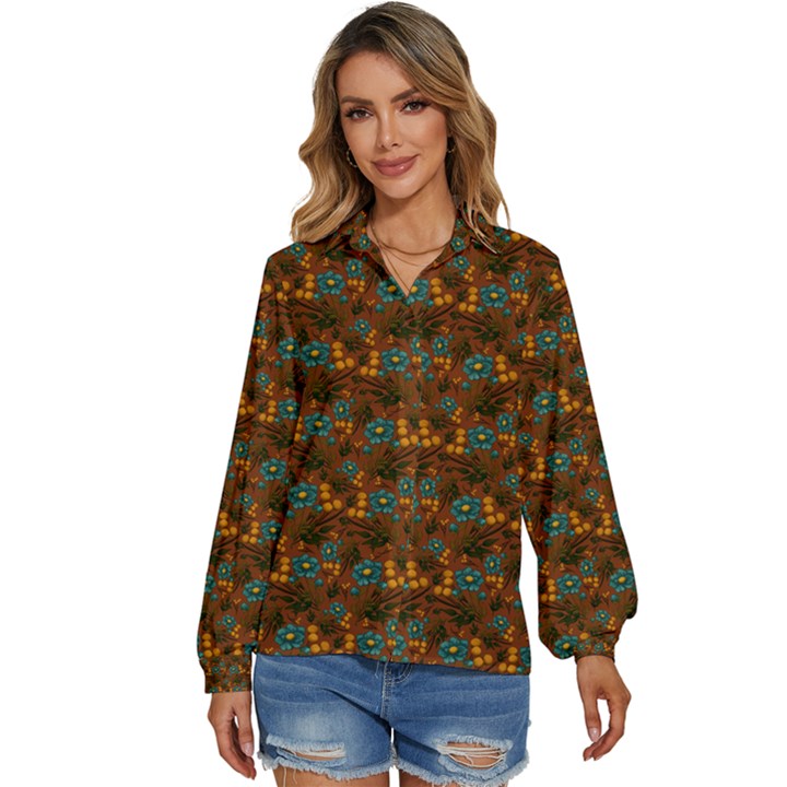 Blue Bloom Bouquet Women s Long Sleeve Button Up Shirt