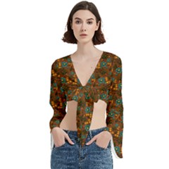 Blue Bloom Bouquet Trumpet Sleeve Cropped Top