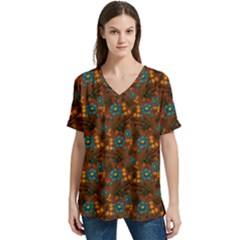 Blue Bloom Bouquet V-neck Split Shoulder Casual T-shirt by GeekLover