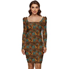 Blue Bloom Bouquet Women Long Sleeve Ruched Stretch Jersey Dress by GeekLover