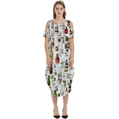 Bottle Chic Print Patterns Cold Shoulder Loose Fit Dress With Pockets