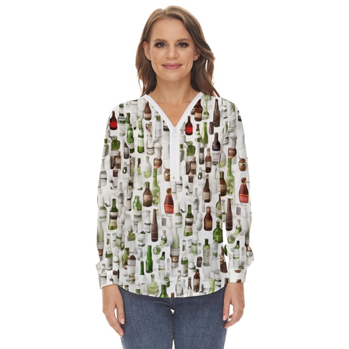 Bottle Chic Print Patterns Zip Up Long Sleeve Blouse