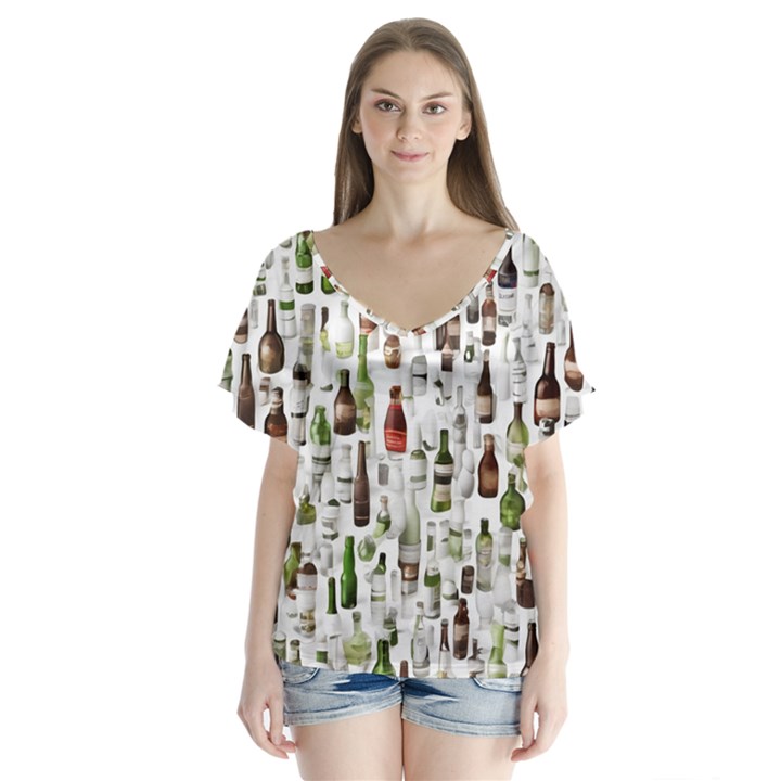 Bottle Chic Print Patterns V-Neck Flutter Sleeve Top