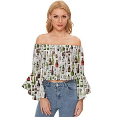 Bottle Chic Print Patterns Off Shoulder Flutter Bell Sleeve Top