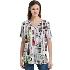 Bottle Chic Print Patterns V-neck Split Shoulder Casual T-shirt