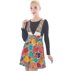 Floral And Leaves Pattern Plunge Pinafore Velour Dress