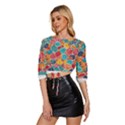 floral and leaves pattern Mid Sleeve Drawstring Hem Top View2