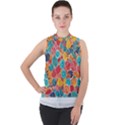 floral and leaves pattern Mock Neck Chiffon Sleeveless Top View1