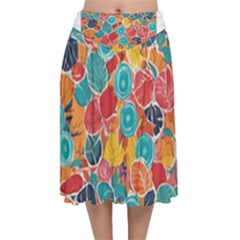 Floral And Leaves Pattern Velvet Flared Midi Skirt