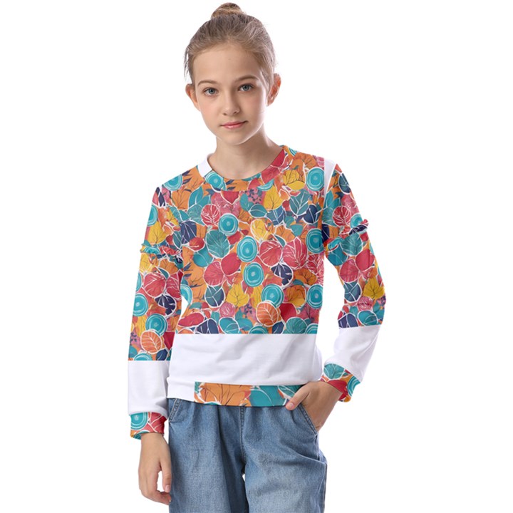 floral and leaves pattern Kids  Long Sleeve T-Shirt with Frill 