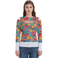 Floral And Leaves Pattern Women s Cut Out Long Sleeve T-shirt