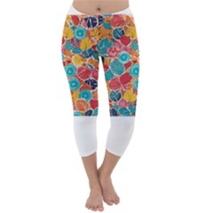 Floral And Leaves Pattern Capri Winter Leggings 