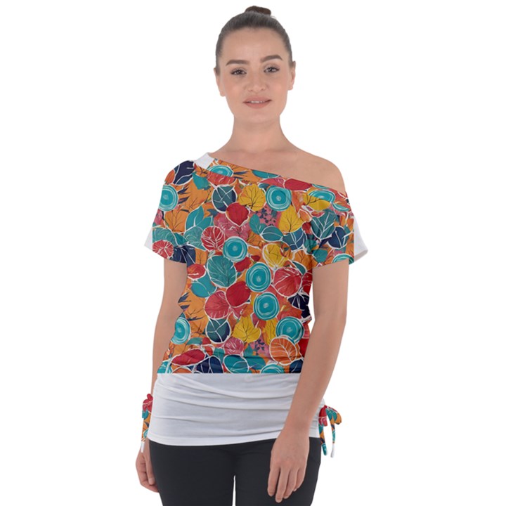 floral and leaves pattern Off Shoulder Tie-Up T-Shirt