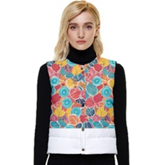 Floral And Leaves Pattern Women s Button Up Puffer Vest