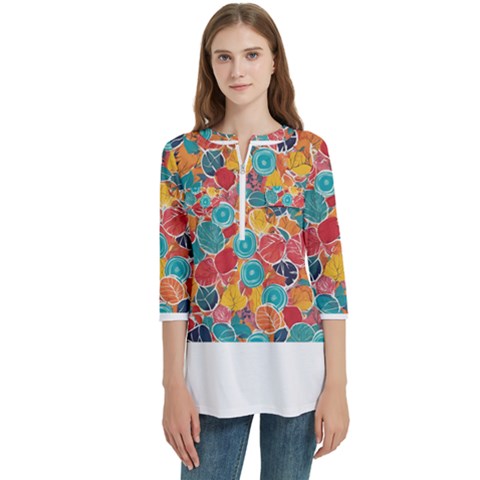 Floral And Leaves Pattern Women s Zip Front V-neck 3/4 Sleeve Casual Top Pocket Shirt by BellaVistaTshirt02